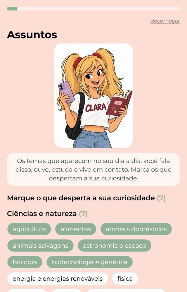 Tela do app com a lista de assuntos que o adolescente marca