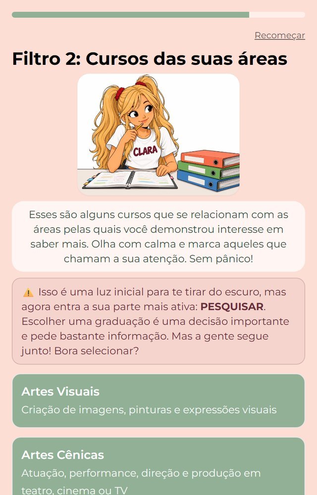 Tela do app com a lista de cursos para o adolescente avaliar